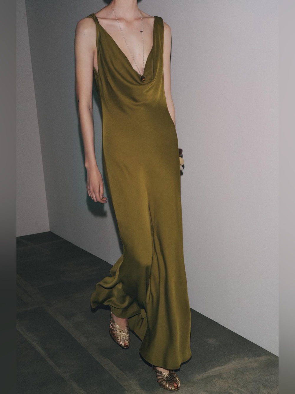 Zara Olive Green Cowl Neck Slip Dress